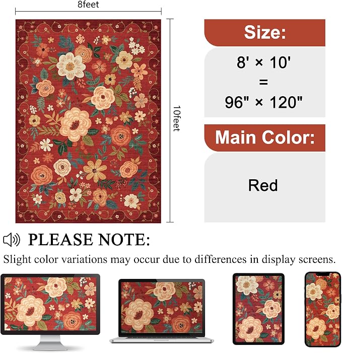 DUKINO 8x10 Area Rugs, Floral Washable Living Room Rug Non Slip, Stain Resistant - Image 2