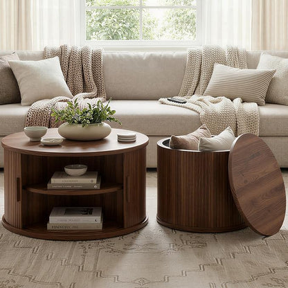 IRONCK Round Coffee Table Set of 2, Fluted Coffee Table and End Table by IRONCK