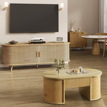 63 inch TV Stand with Power Outlet, Fluted Entertainment Center - Image 7