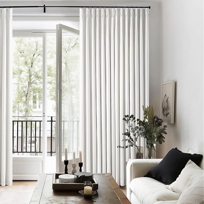 Linen Blackout Curtains 108 Inch Long 2 Panels Pinch Pleated Beige White | - Image 6