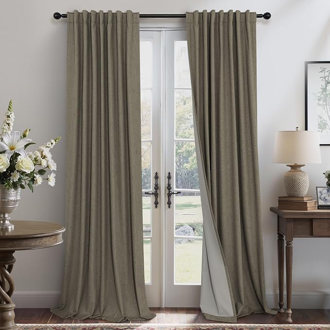 Linen Brown Curtains for Bedroom 84 Inch Long 2 Panel Burg 100% Blackout Back by Pitalk
