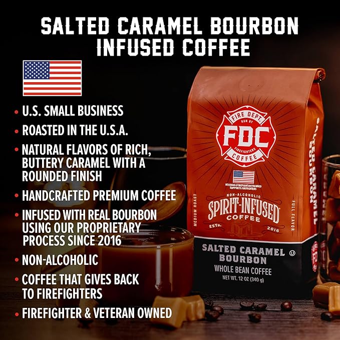 Fire Department Coffee - Salted Caramel Bourbon Coffee Beans - Gives Back to Firefighters - Premium Bourbon Infused - Whole Bean - Non-Alcoholic - Roasted in the USA - Veteran Owned (12 oz, Pack of 2)