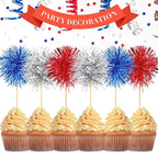 Chinco 100 Pcs Foil Firework Cupcake Toppers Sparkle Tinsel Cake Toppers Cake Decoration Cocktail Fruit Toothpick for Birthday Wedding Graduation Party(Silver, Red, Blue)