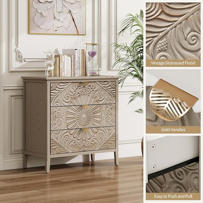 Carved 3 Drawer Cabinet with Floral Pattern & Gold Handles, 31.5" W Distressed - Image 4
