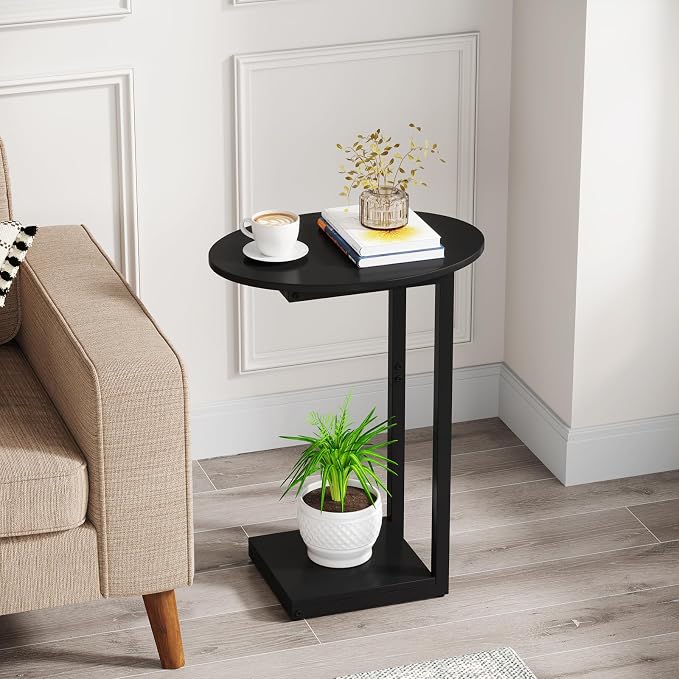 Hosfais Small Side Table End Table, C-Shaped Wood Coffee Table TV Tray - Image 4