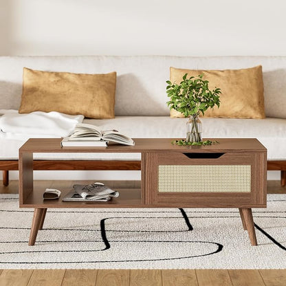 DIYART Brown Rattan Coffee Table, Mid Century Modern - Image 3