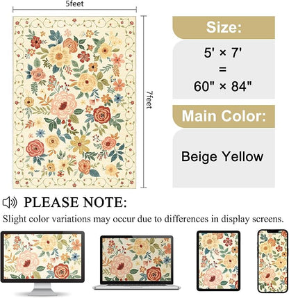 DUKINO 5x7 Area Rug Floral Washable Living Room Rug Non Slip Beige Yellow | Soft - Image 2