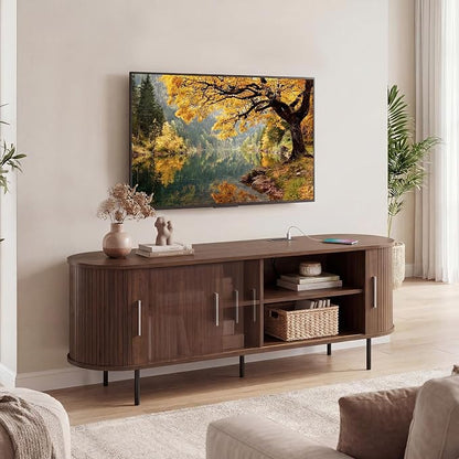 Tangkula Fluted TV Stand for TVs up to 60”, Mid Century Curved Entertainment - Image 2