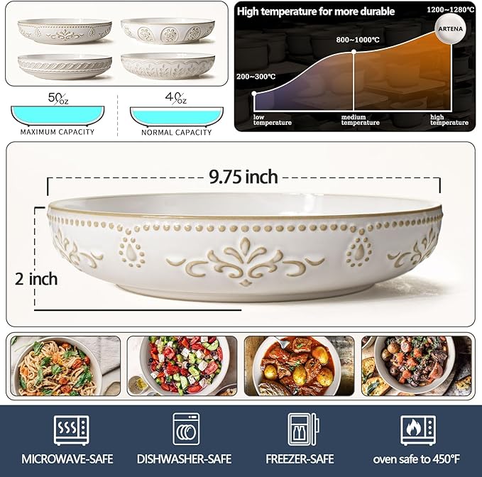 Artena Pasta Bowls, 50oz Large Salad Serving Bowls, 9.75'' Plates Bowl Set of 4, Big White Ceramic Soup Bowl for Kitchen, Embossment Shallow Dinner Bowl, Microwave Dishwasher Safe, Damask Floral
