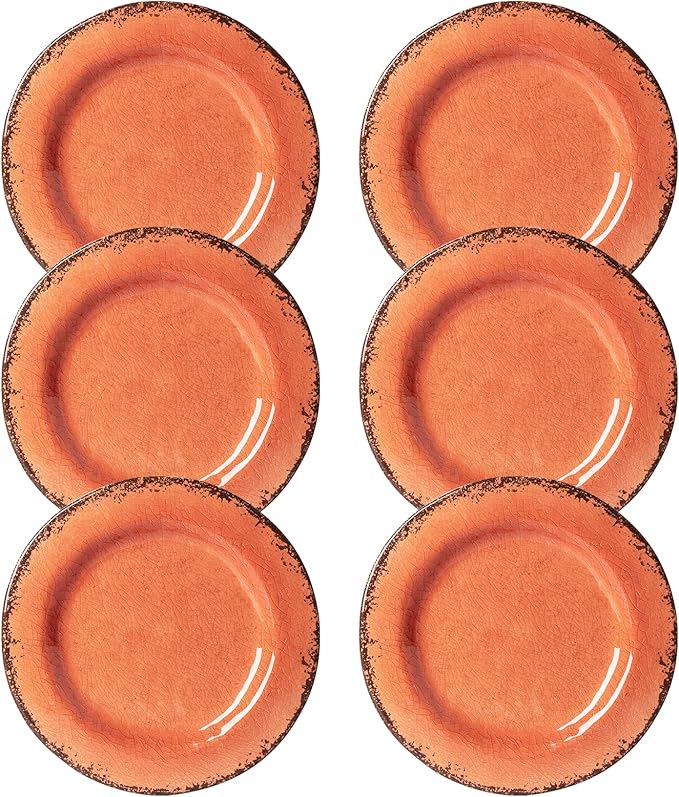 LEHAHA Melamine Salad/Dessert Plates, Crackled Design Plates Set of 6, 9 inch Small Dinner Plates, Modern Rustic Kitchen Serving Dishes for Party, Picnic and Camping Use, Orange