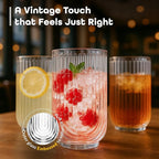 Glaver's Drinking Glasses Set of 4. 17oz Vintage Ripple Cocktail Glasses, Ribbed Highball Glass Cups. Arch Designed Art Deco Glassware for Water Juice Coffee.