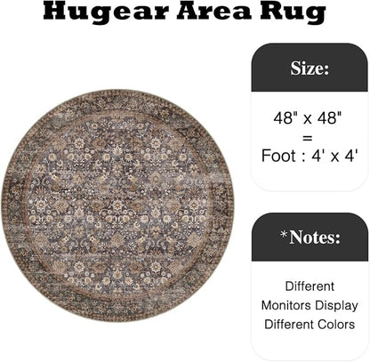 4ft Round Brown Blue Vintage Floral Washable Rug - Image 2