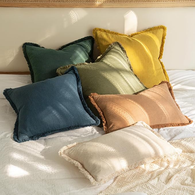 MIULEE Boho Linen Fringe Decorative Throw Pillow Covers Navy Blue 18x18 | Set - Image 7
