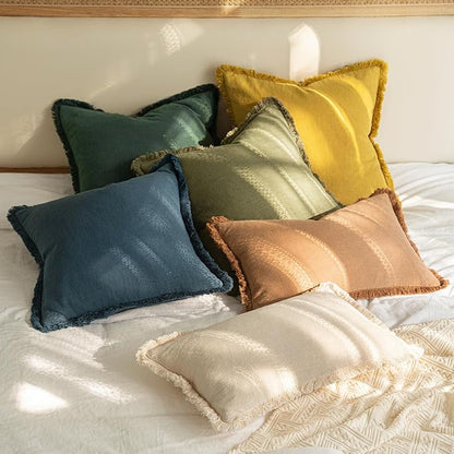 MIULEE Linen Fringe Decorative Euro Throw Pillow Covers Navy Blue 24x24 | Set - Image 7