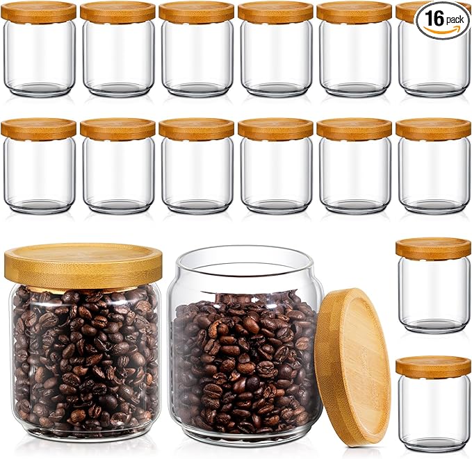 Irenare 16 Pcs 17 oz/ 500 ml Glass Canister Food Airtight Sealed Clear Borosilicate Glass Storage Jars with Lids Kitchen Spice Containers for Serving Coffee Sugar Tea Beans Candy Nuts Pantry (Bamboo)