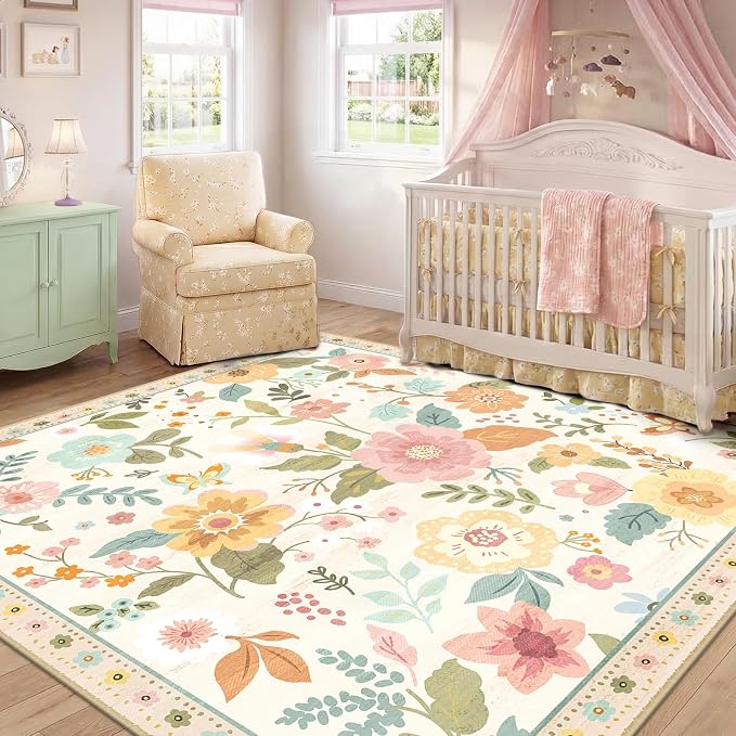 RELEANY Floral Washable Square 5ft Area Rug Beige/White/Orange | Flower Carpet - Image 9