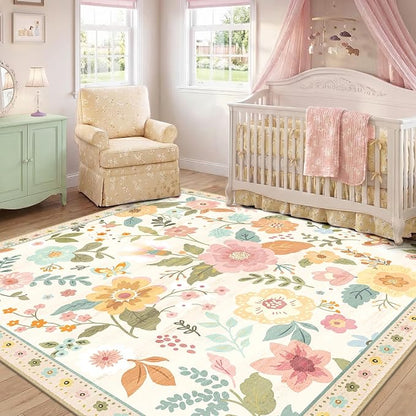 RELEANY Floral Washable Square 5ft Area Rug Beige/White/Orange | Flower Carpet - Image 9