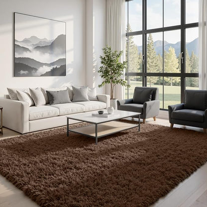 8x10 Fluffy Shag Area Rugs for Living Room Bedroom: Soft Plush Carpet Brown | by CarpetAddColortoYourLife