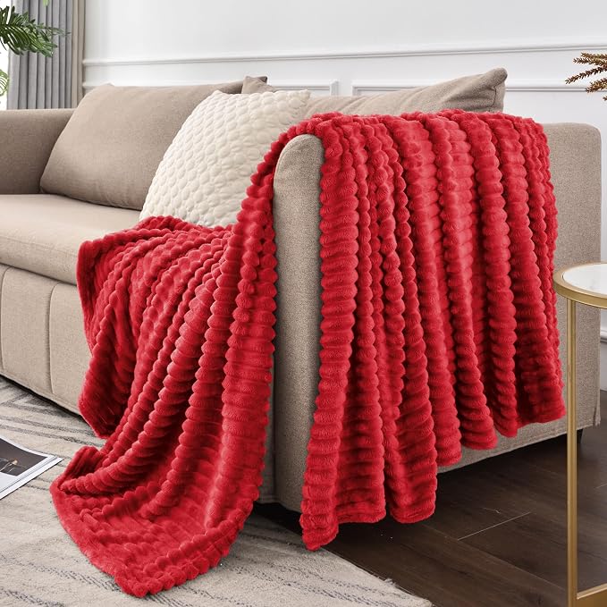 BEDELITE 3D Ribbed Jacquard Red Fleece Throw Blanket - Image 9