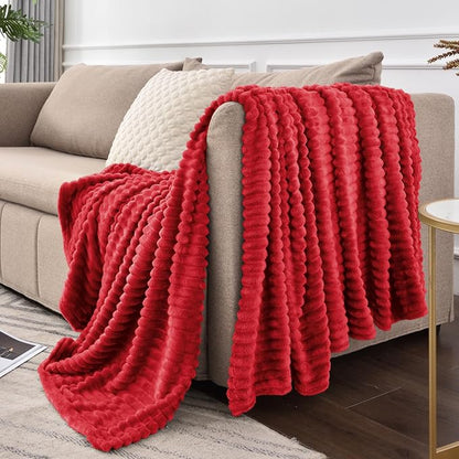 BEDELITE 3D Ribbed Jacquard Red Fleece Throw Blanket - Image 9