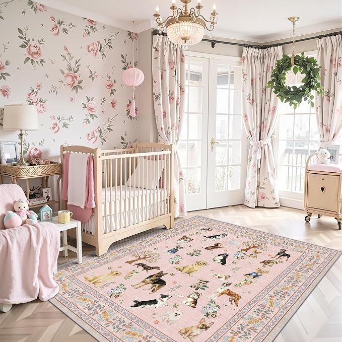 Pink Area Rug 3x5 for Bedroom Entryway Dog Animal Rug | Ultra-Thin; Non Slip; - Image 2