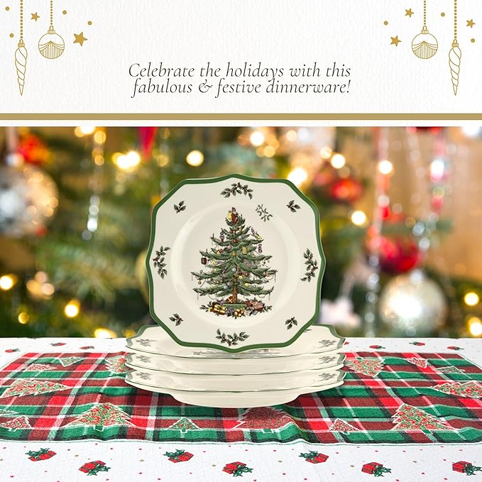 Spode Christmas Tree Scalloped Dinner Plate (Set of 4) - Holiday Stoneware Large Plates - 10.5 Inch Christmas Dinner Dishes, Colorful Gifts & Mistletoe Accents - Dishwasher & Microwave Safe