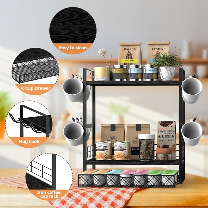 Coffee Bar Organizer, 3 Tier Station for Countertop, Mug Cup Holder Stand With 28 K Cup Storage and 12 Hooks for Kitchen, Home & Office, Black