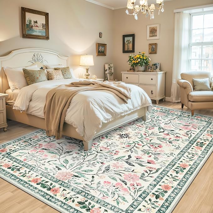 PLHXFR Area Rug Living Room: 5x7 Floral Washable Boho Carpet Green Beige | - Image 3