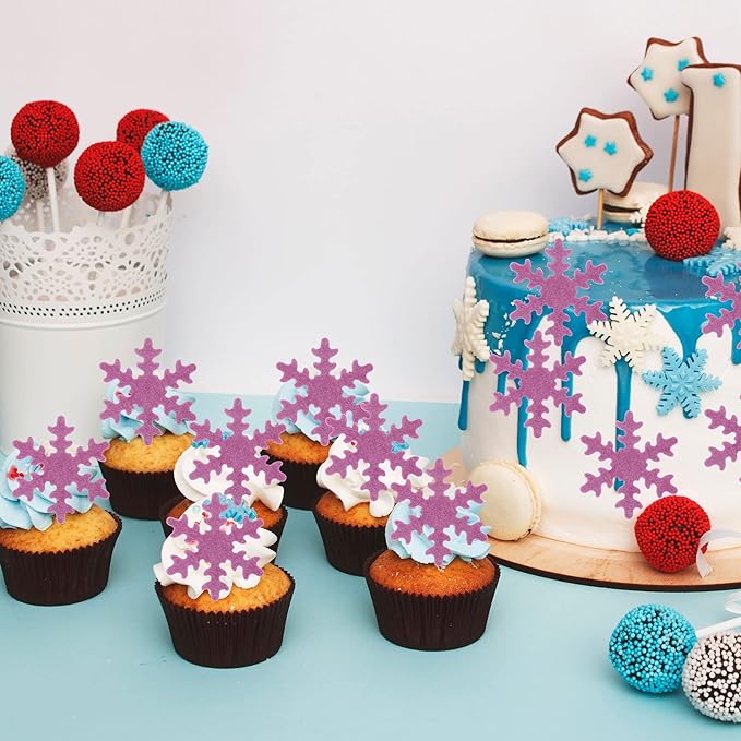 Gyufise 50Pcs Purple Edible Cupcake Toppers Snowflakes Cake Toppers Snowflakes Cake Decoration Winter Frozen Birthday Party Supplies