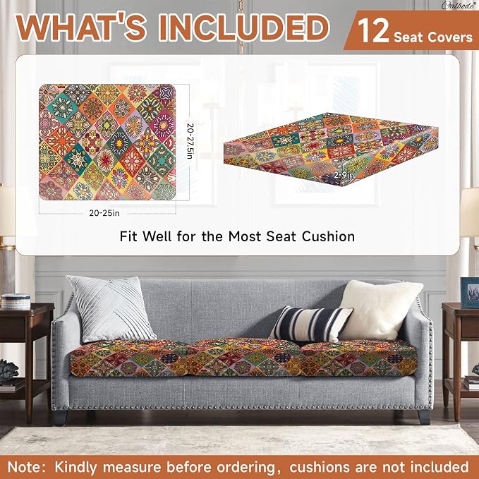 CALBODE 12Pcs Stretch Patio Cushion Cover, Bohemian Geometric Pattern | - Image 2