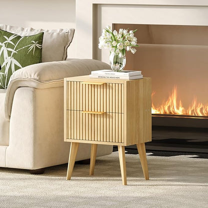 YAUKOMEL Fluted Nightstand, Small Bedside Table, Natural Wood Night Stand - Image 5