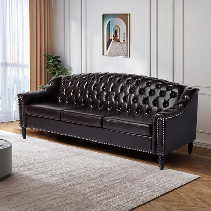 LEVNARY Mid-Century Modern Leather Couch, Chesterfield Sofa Sleeper Settee - Image 6