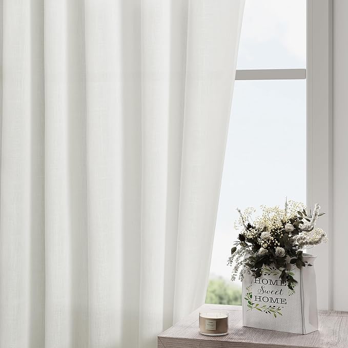 Linen Light Filtering Curtains 96 Inches Long 2 Panels Long Ivory Semi Sheer - Image 2