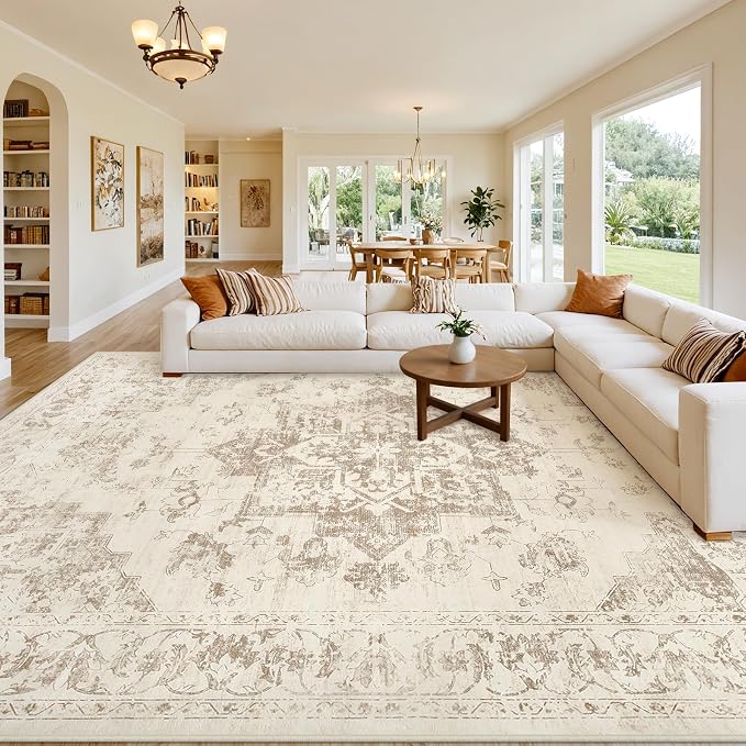 10x14 Area Rugs Living Room: Bedroom Washable Carpet Beige/Ivory | Large by Luxturiy