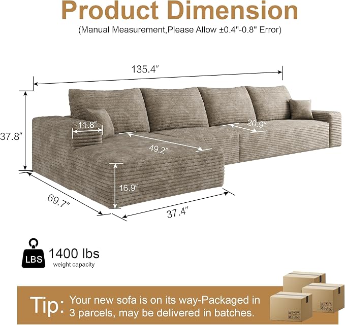 136" Sectional Couches for Living Room Cloud Couch Sofa - Image 2