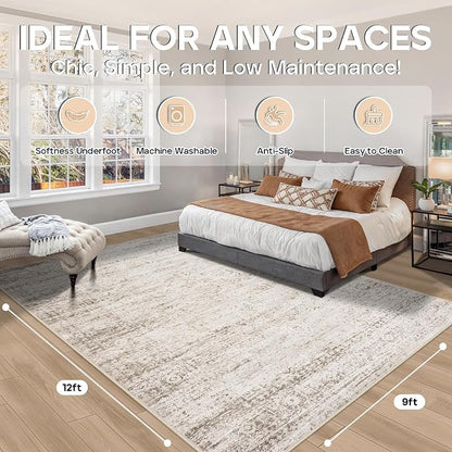 9x12 Area Rugs for Living Room Bedroom Dining Room Washable Beige Ivory | Soft - Image 2