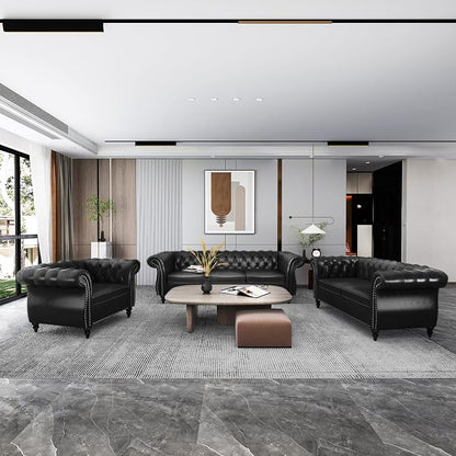 3 Piece Living Room Set, Chesterfield Leather Sofa Loveseat Couch Chair - Image 3