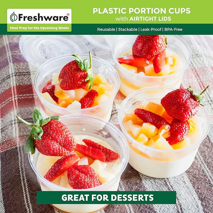 Freshware Plastic Portion Cups with Lids [4 Ounce, 200 Sets] Disposable Plastic Cups for Meal Prep, Salad Dressing, Jellos Shot Cups, Souffle Cups, Condiment and Dipping Sauce Cups