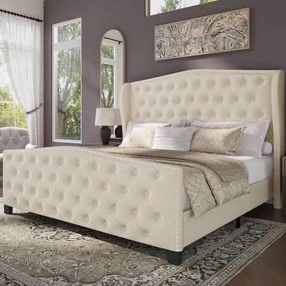 BRELTAM Upholstered Queen Size Bed Frame Velvet Beige Tufted Platform Bed Frame by Breltam