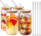 4pcs Set-16oz, Glass Cups with Bamboo Lids and Glass Straw - Beer Can Shaped,CuteTumbler Cup,Soda,deal for Cocktail,Iced Coffee Cups,4 Cleaning Brushes