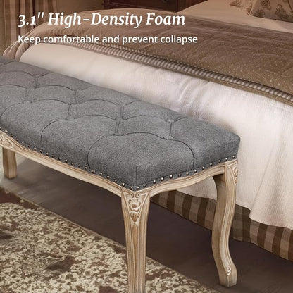 Cozyman Bedroom Bench, French Vintage Tufted Entryway 45.2" Carving Upholstered - Image 6