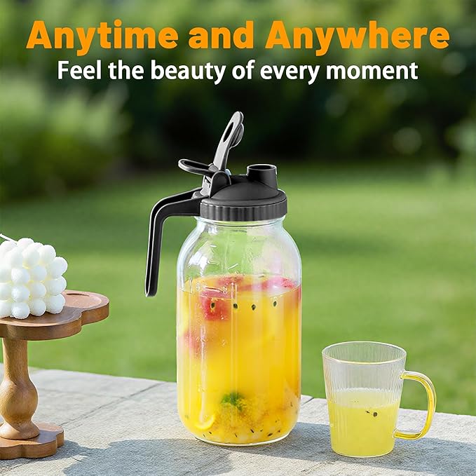 64oz Glass Pitcher with Lid-2 Quart, Leak-Proof Wide Mouth Jar with Pouring Airtight Lid, Heavy Duty Glass Mason Jar Pitcher, Ideal Container for Water, Juice, Milk and Drinks Storage