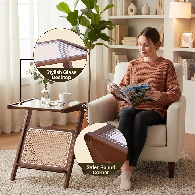 Tiita Rattan Side Table, Mid Century Nightstand, Bamboo Accent Bedside Tables - Image 4