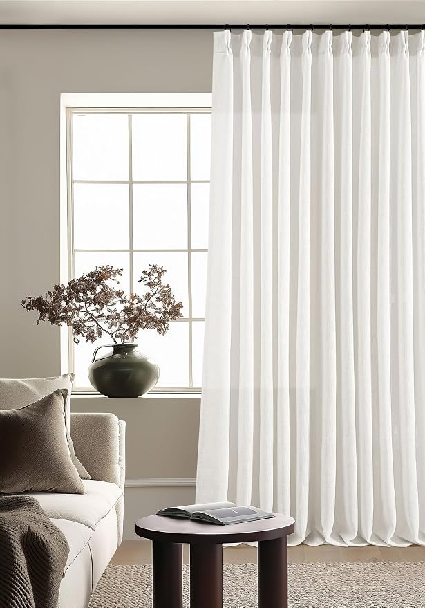 Beige White Pinch Pleat Semi Sheer Linen Curtain W70xL120 1 Panel | Light by Twodrapes