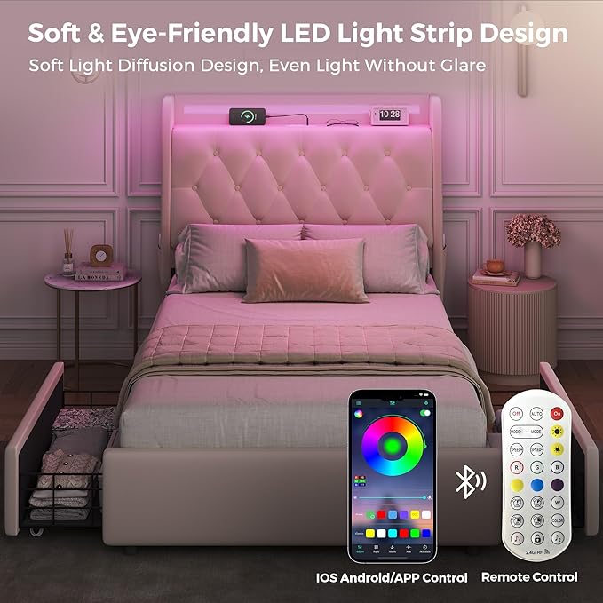 Twin LED Velvet Bed Frame with 2 Storage Drawers&Hidden Headboard, Upholstered - Image 5