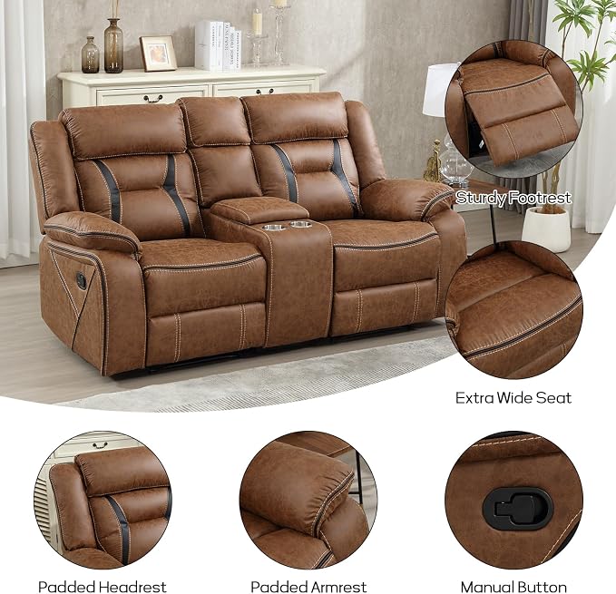EBELLO Faux Leather Manual Loveseat Recliner, 2 Seat Reclining Sofa Chair - Image 3