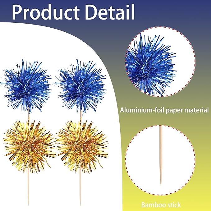 40 PCS Foil Firework Cupcake Toppers Sparkle Tinsel Cupcake Picks Fireworks Birthday Party Decorations Cocktail Fruit Toothpick for Birthday Wedding Graduation Party Decorations Supplies Gold Blue