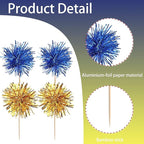 40 PCS Foil Firework Cupcake Toppers Sparkle Tinsel Cupcake Picks Fireworks Birthday Party Decorations Cocktail Fruit Toothpick for Birthday Wedding Graduation Party Decorations Supplies Gold Blue