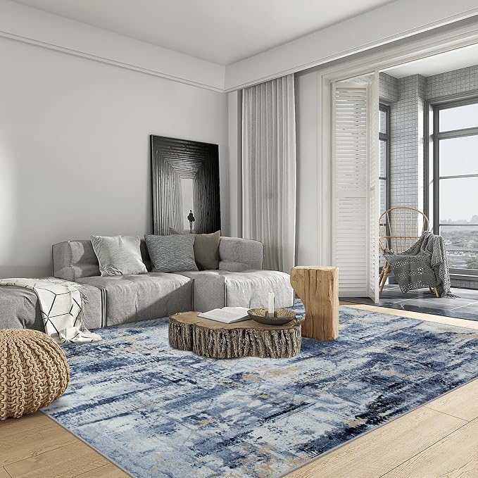 4x6 Area Rugs for Living Room: Washable Abstract Blue Gold Badroom Carpet | - Image 2