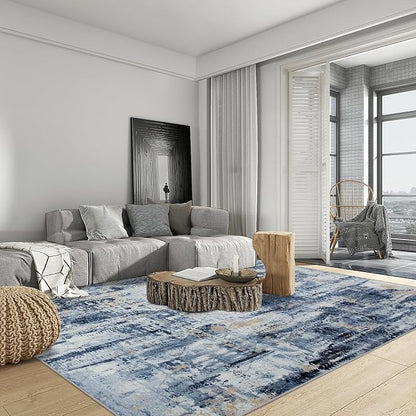 5x7 Area Rugs for Living Room: Washable Abstract Blue Gold Badroom Carpet | - Image 3